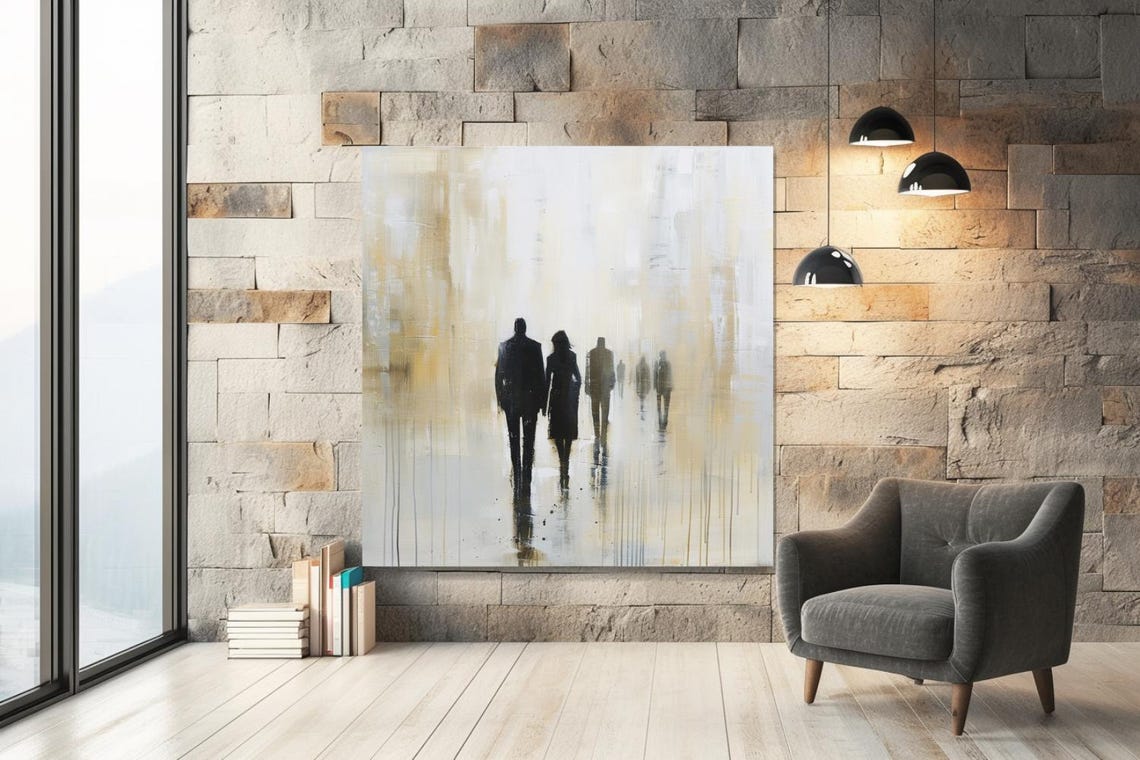 Silhouettes Walking Away Into Golden Mist Minimalist Art Poster - Image 3