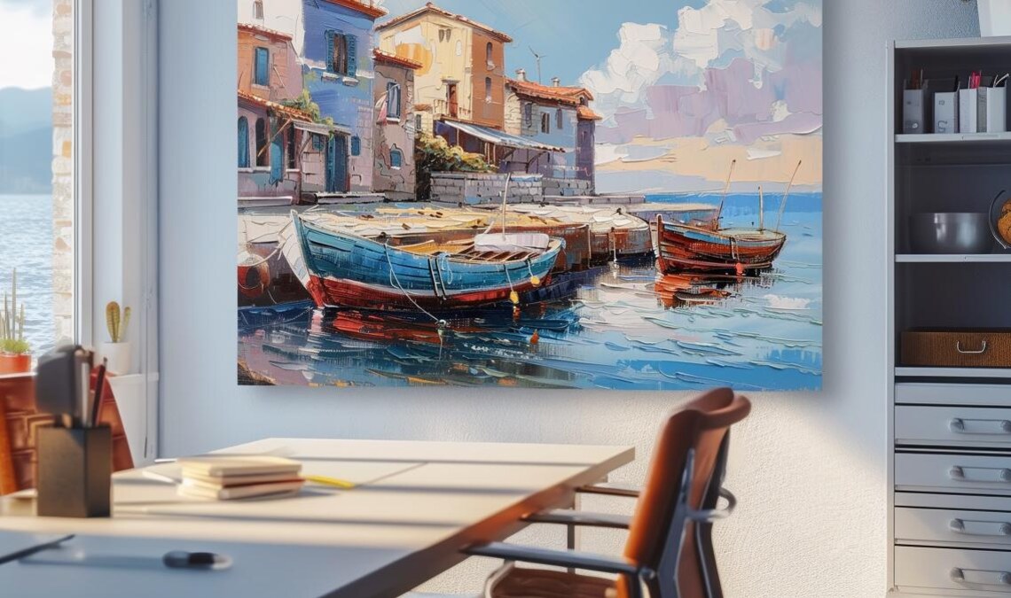 Mediterranean Harbor Boats Colorful Waterfront Painting Poster