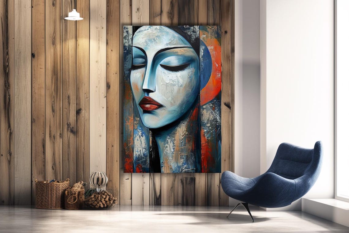 Serene Blue Woman Face Eyes Closed Red Lips Modern Art Poster
