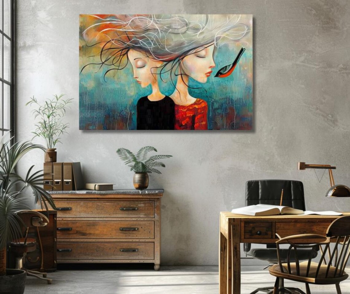 Double Portrait Of Two Women Merging With Bird Teal Art Poster - Image 3