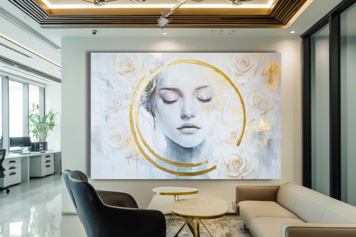 Serene Woman's Face with Gold Halo Among White Roses Painting Poster - Image 3