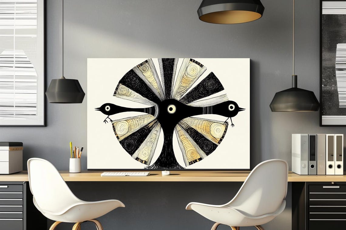 Stylized Black Bird With Intricate Patterned Fan Tail Folk Art Poster - Image 2