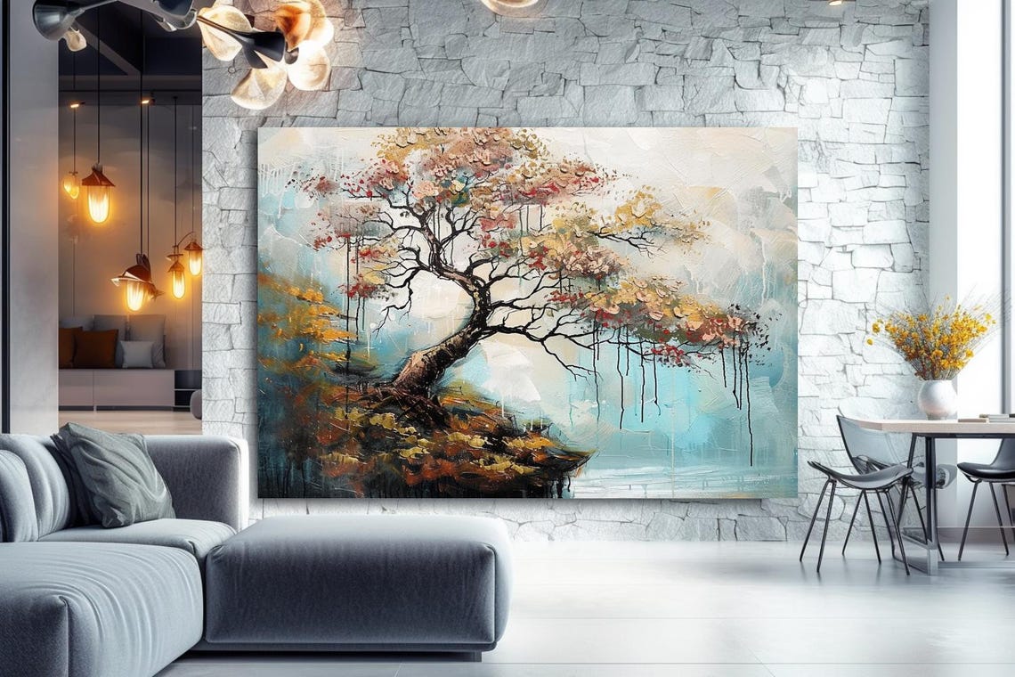 Painterly Autumn Tree Over Teal Water With Dripping Paint Poster - Image 2