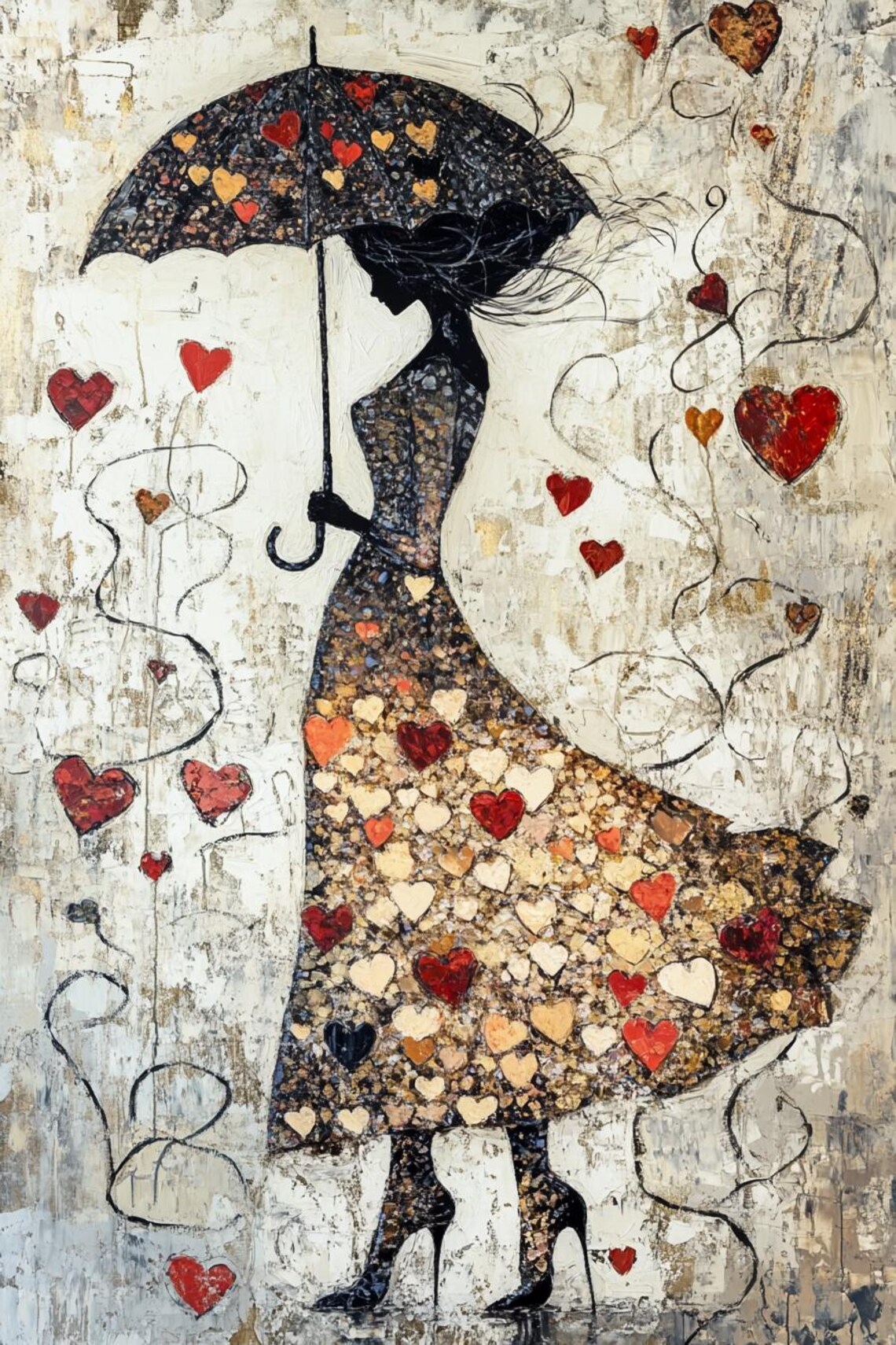 Woman with Umbrella in a Shower of Hearts Romantic Painting Poster - Image 2