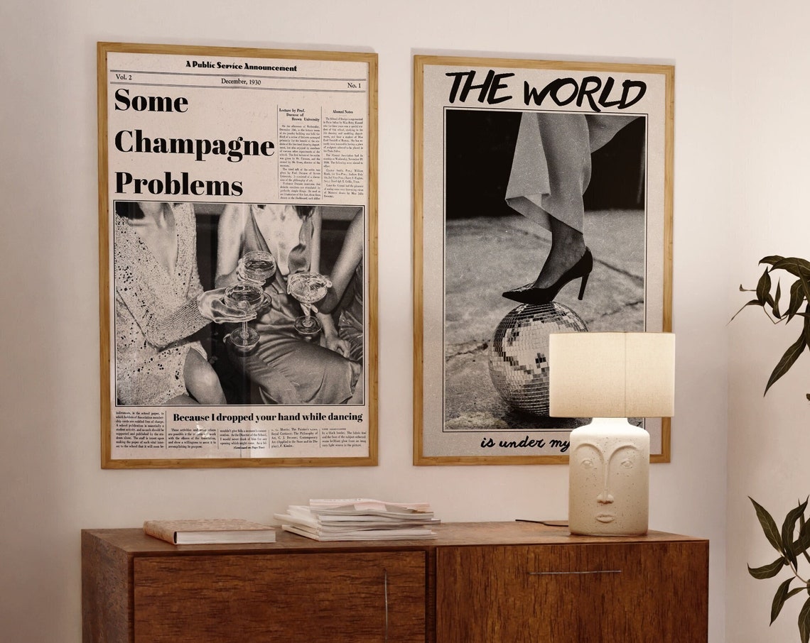 Champagne Problems Retro Newspaper Photo Pair 2 Piece Poster Set