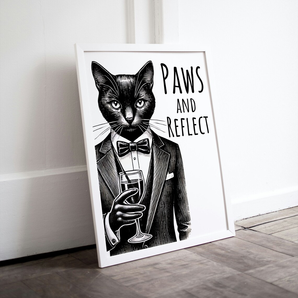 Paws and Reflect Black Cat Tuxedo Wine Glass Funny Pun Animal Poster