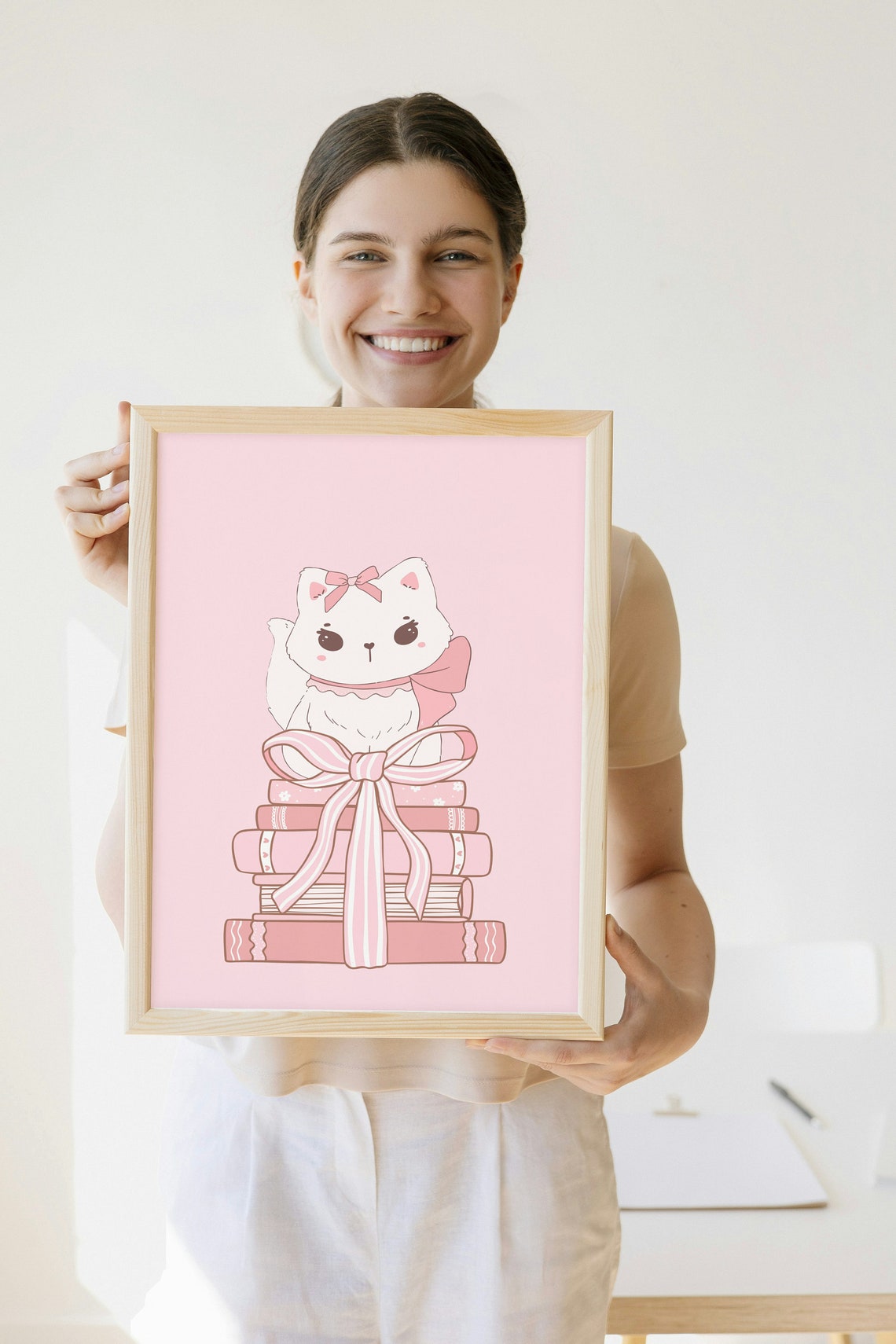 Cute White Cat With Pink Bow On Stack Of Books Nursery Wall Poster - Image 2