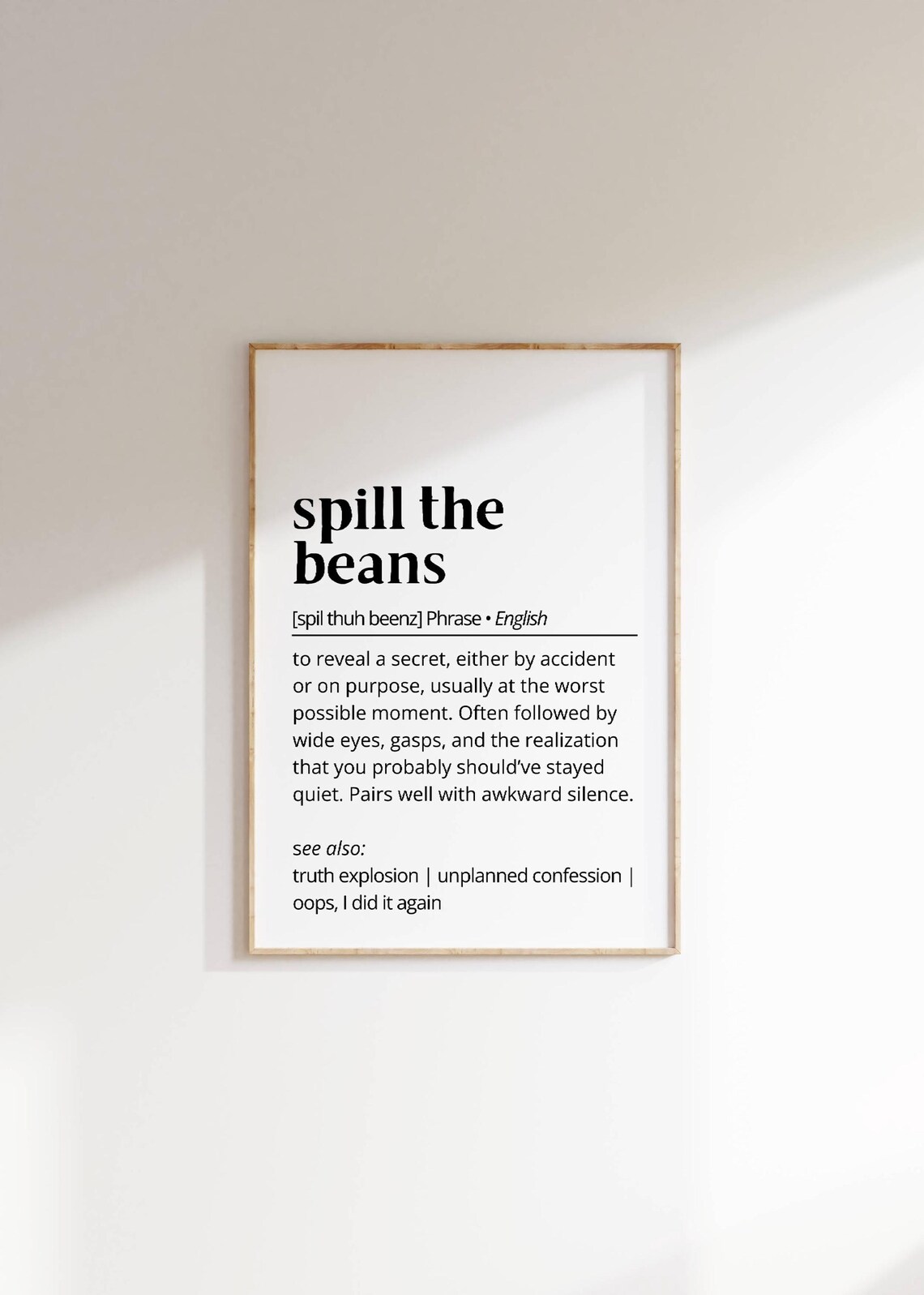 Spill The Beans Definition Poster Funny Phrase Dictionary Style Art
