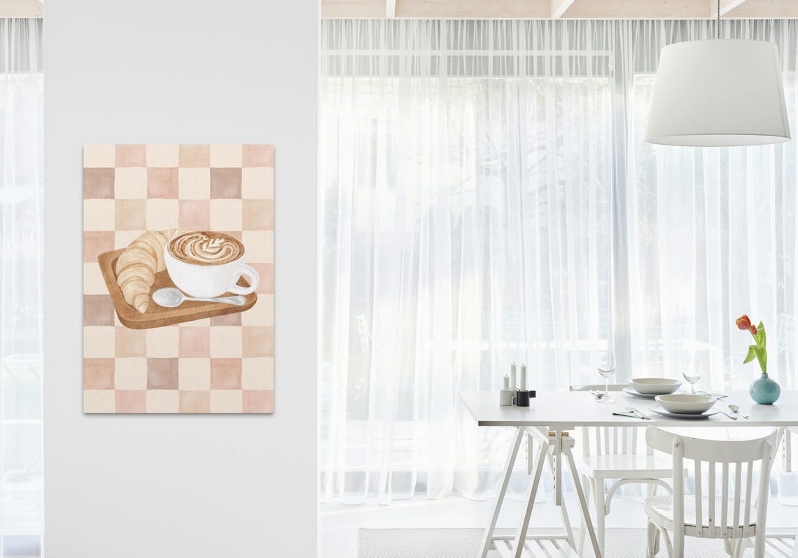 Croissant And Cappuccino Watercolor Print Cozy Cafe Breakfast Decor - Image 3