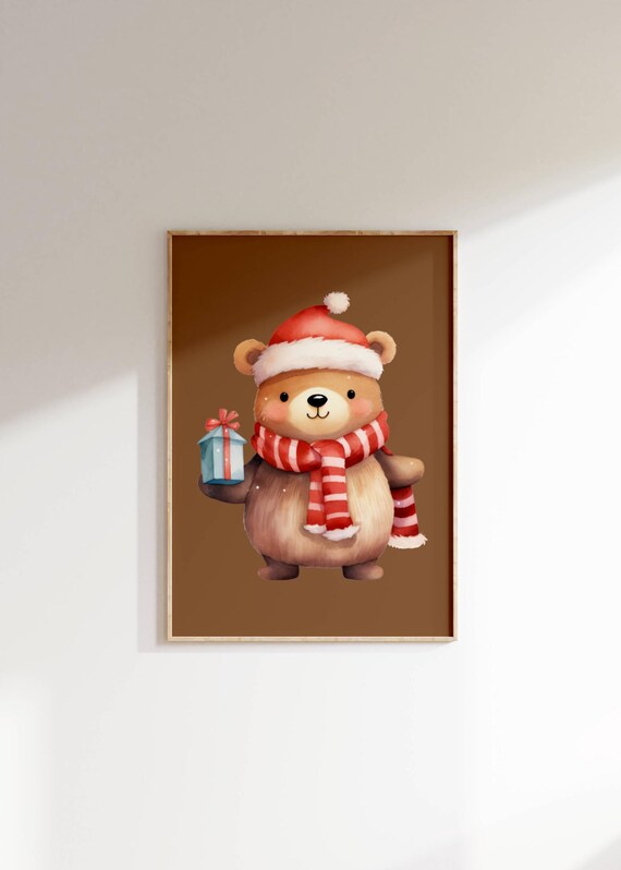 Cute Christmas Bear Wall Art Festive Teddy With Gift Holiday Nursery Decor Kids Room Christmas Poster Winter Holiday Art Print