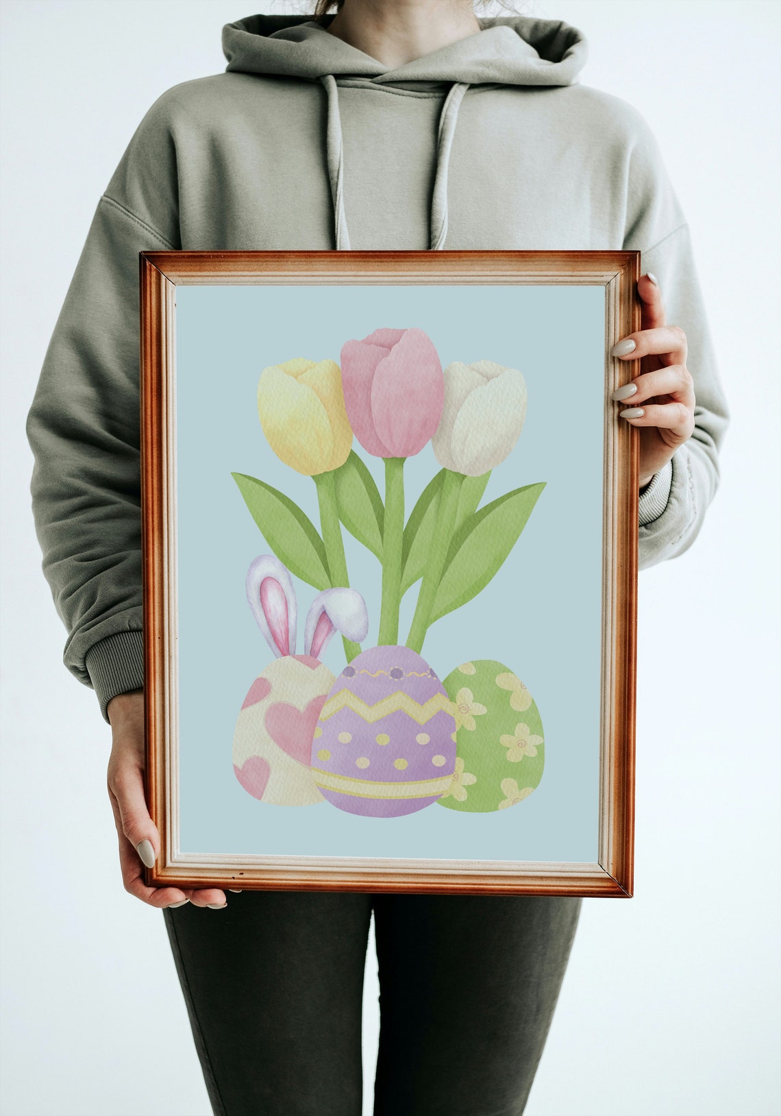 Watercolor Easter Eggs Cute Bunny Ears Tulips Spring Wall Poster - Image 3