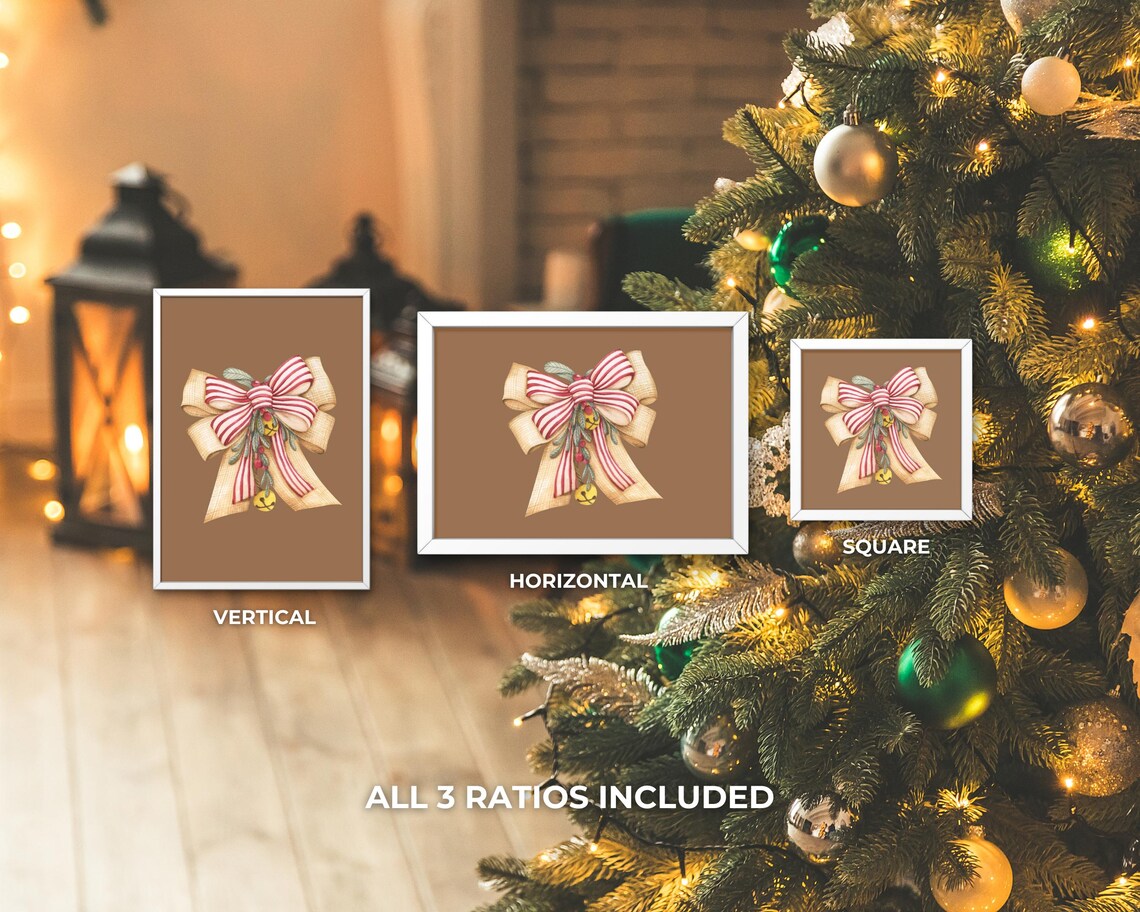 Rustic Christmas Bow Watercolor Red Striped Ribbon with Berries Poster - Image 3