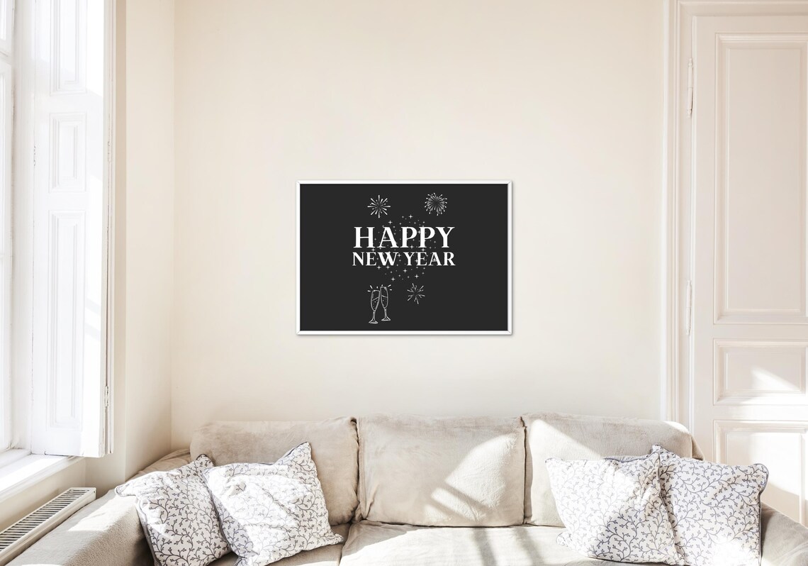 Happy New Year Champagne Fireworks Black White Modern Party Poster - Image 2