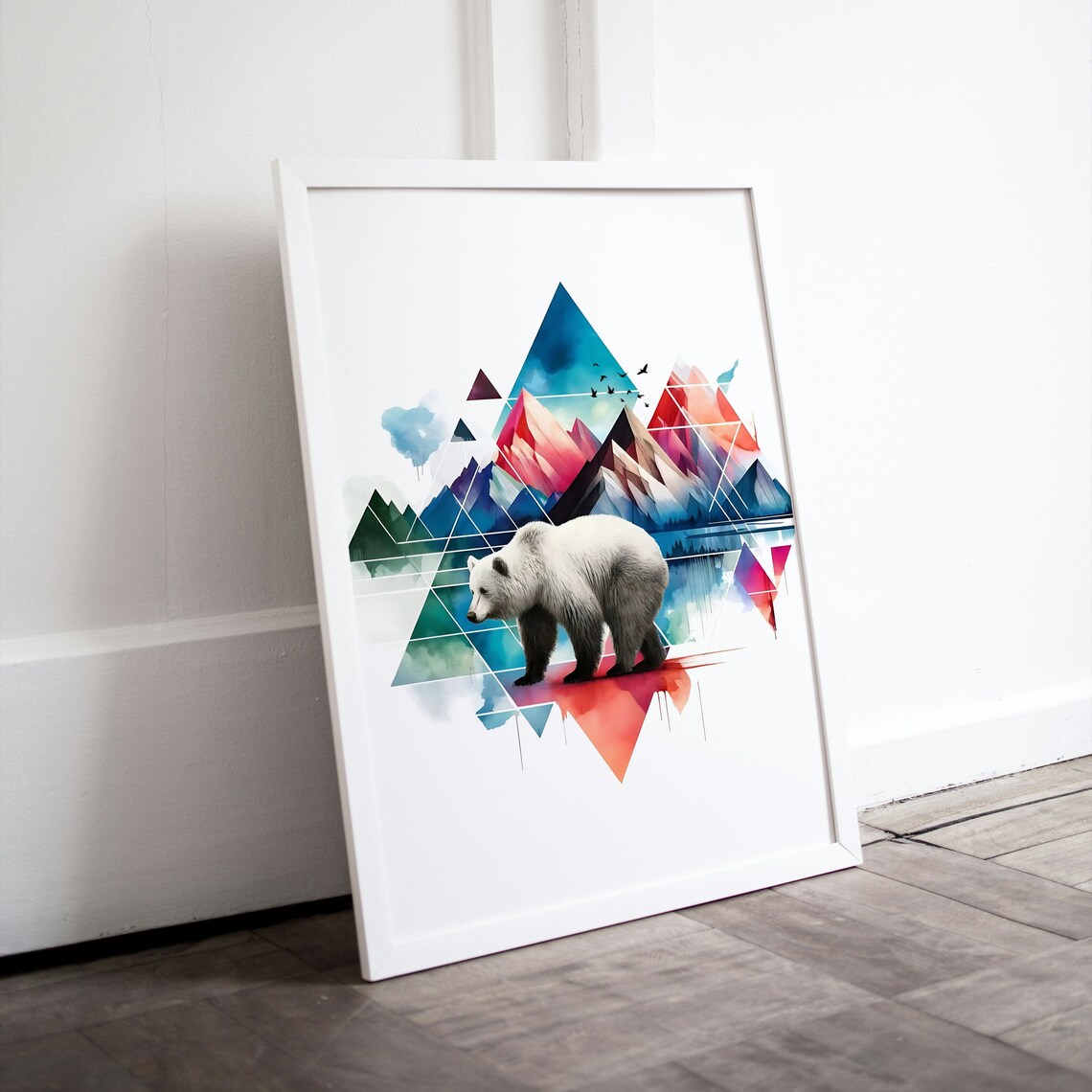 Geometric Bear Over Watercolor Mountains Wildlife Nature Art Poster