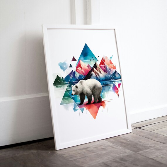 Geometric Bear Over Watercolor Mountains Wildlife Nature Art Poster