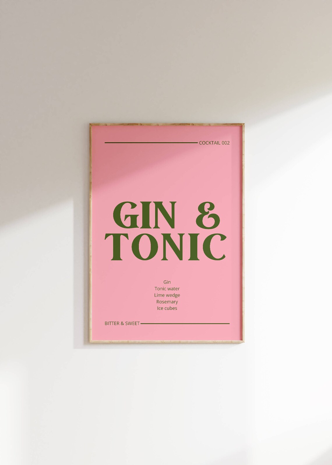 Gin and Tonic Cocktail Recipe Pink Green Minimalist Bar Kitchen Art Poster - Image 3
