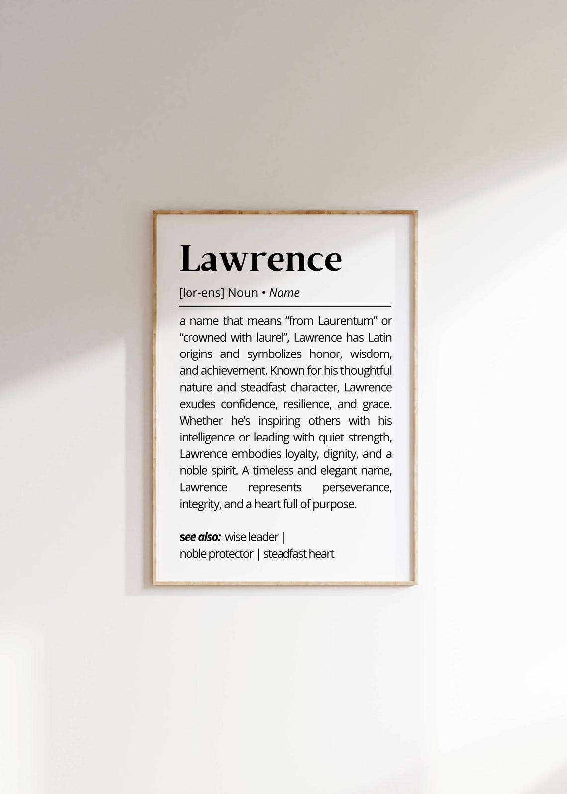 Lawrence Name Definition Meaning Minimalist White Personalized Print