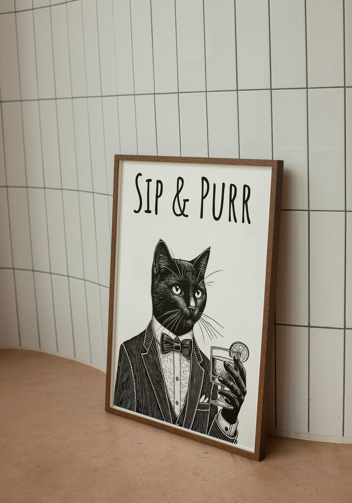 Sip and Purr Black Cat Tuxedo Cocktail Pun Funny Animal Bar Poster - Image 2