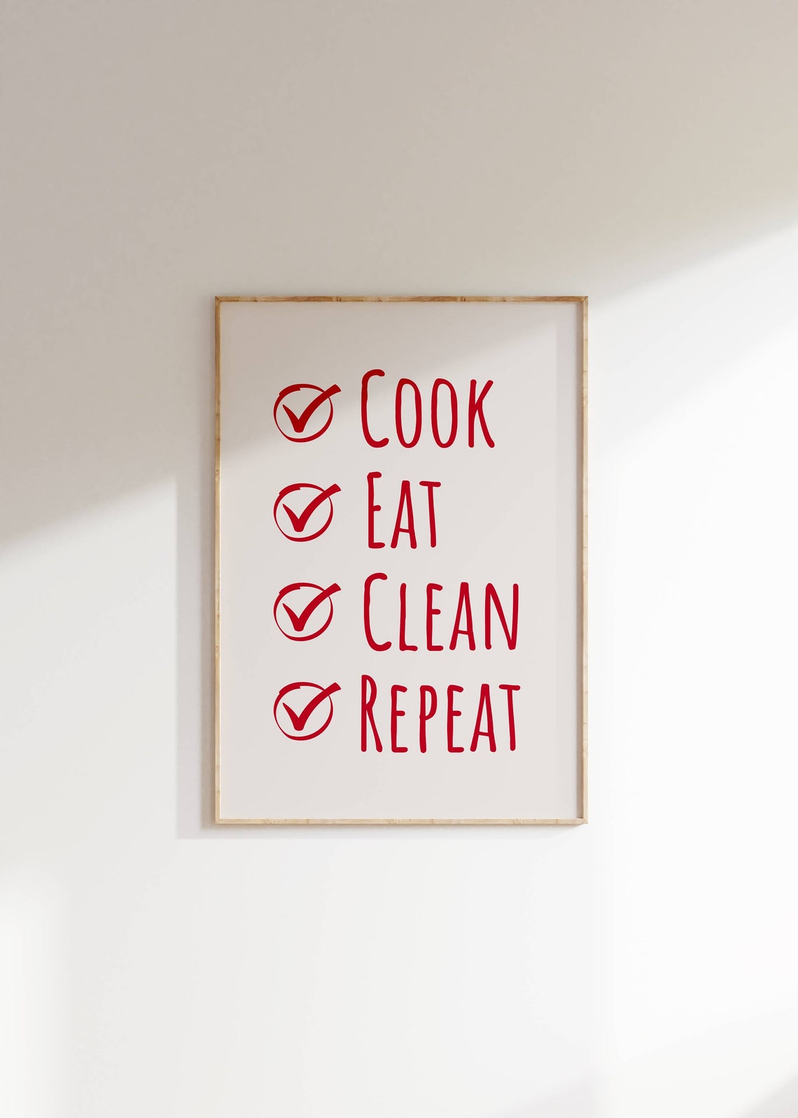 Cook Eat Clean Repeat Red Checklist Funny Kitchen Wall Poster