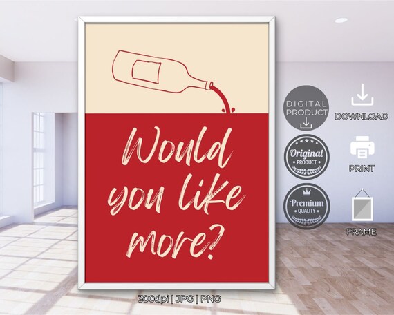 Would You Like More Wine Bottle Red Funny Bar Cart Kitchen Quote Poster