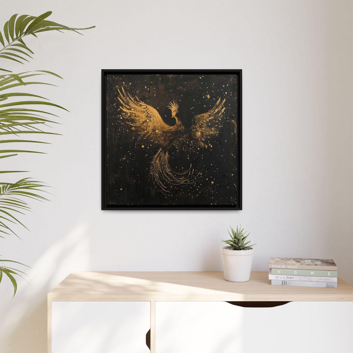 Golden Phoenix Rising On A Black Starry Night Painting Poster - Image 2