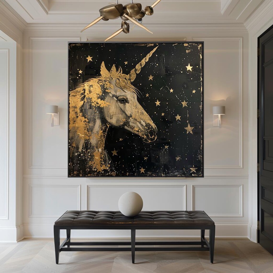 Unicorn Gold Sketch, Starry Night Sky Art Print - Image 2