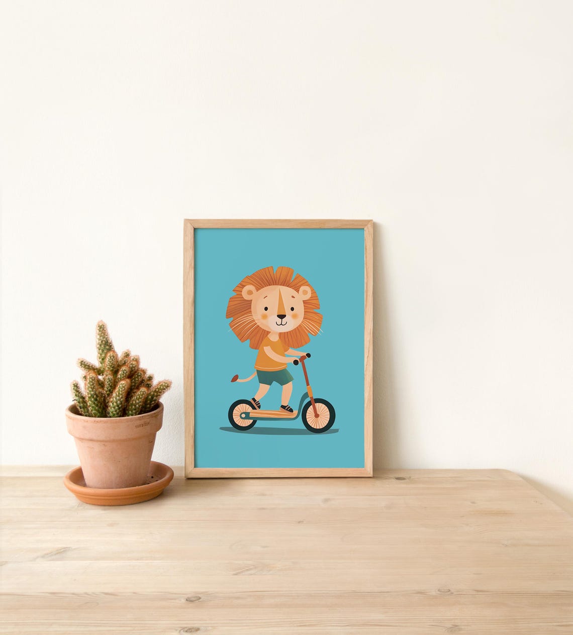 Cute Lion Kid Riding a Wooden Scooter on Turquoise Nursery Poster Art - Image 3