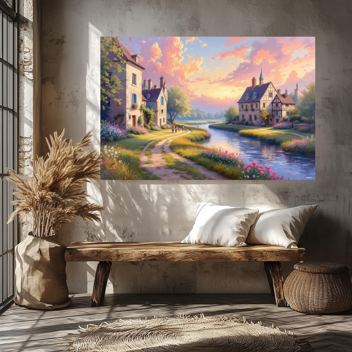 Village By The River Landscape Art Print