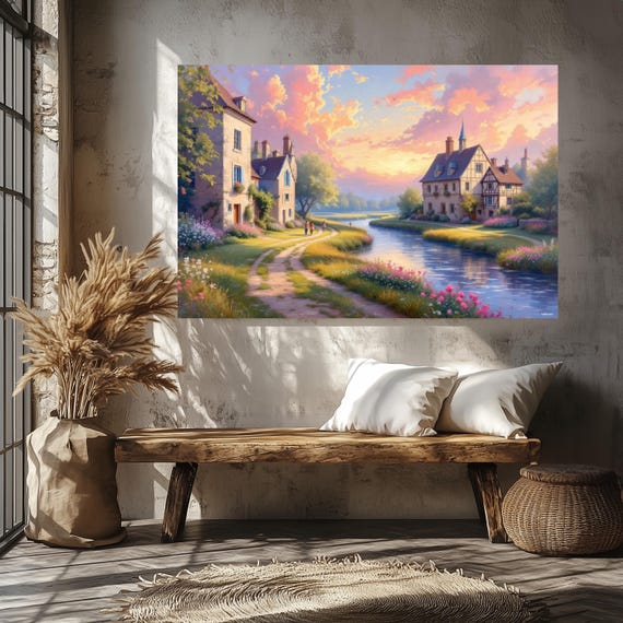 Village By The River Landscape Art Print