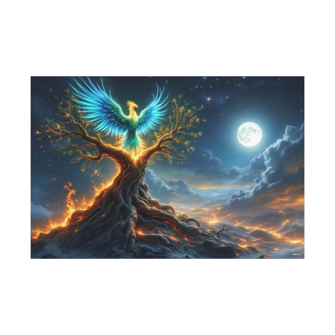 Phoenix Rising Flaming Tree Night Moon Fantasy Mythical Art Poster - Image 3