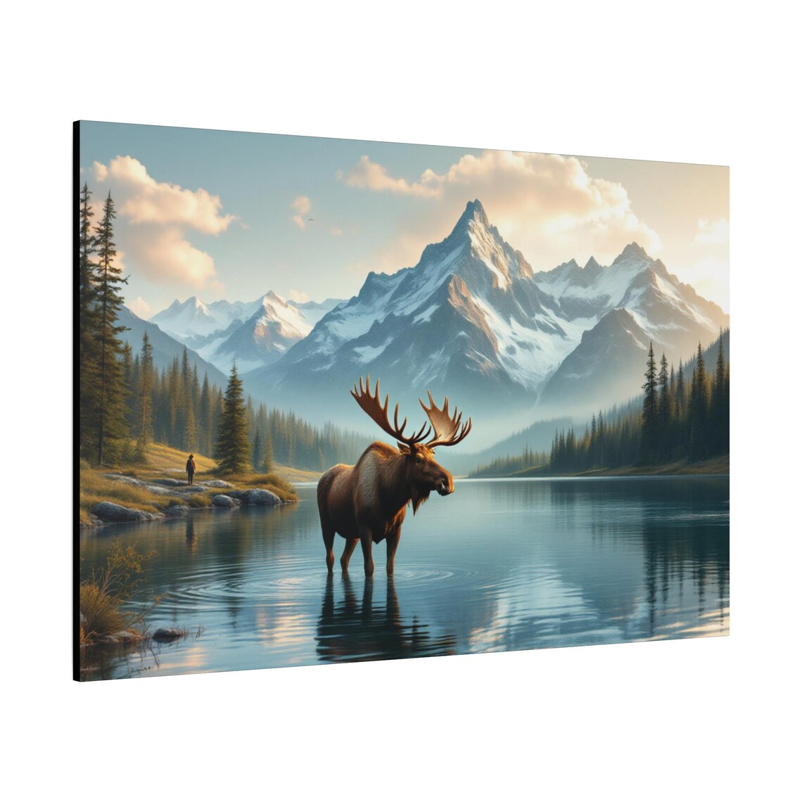 Bull Moose Standing In A Mountain Lake Beneath Snow Capped Peaks Poster - Image 2