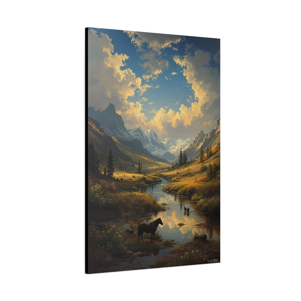 Mountain River Landscape Horse Snow Peaks Golden Sky Fantasy Art Print - Image 2