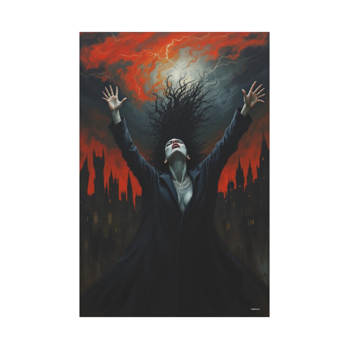 Gothic Witch With Raised Arms Summoning A Storm Over A Castle At Night Poster - Image 3