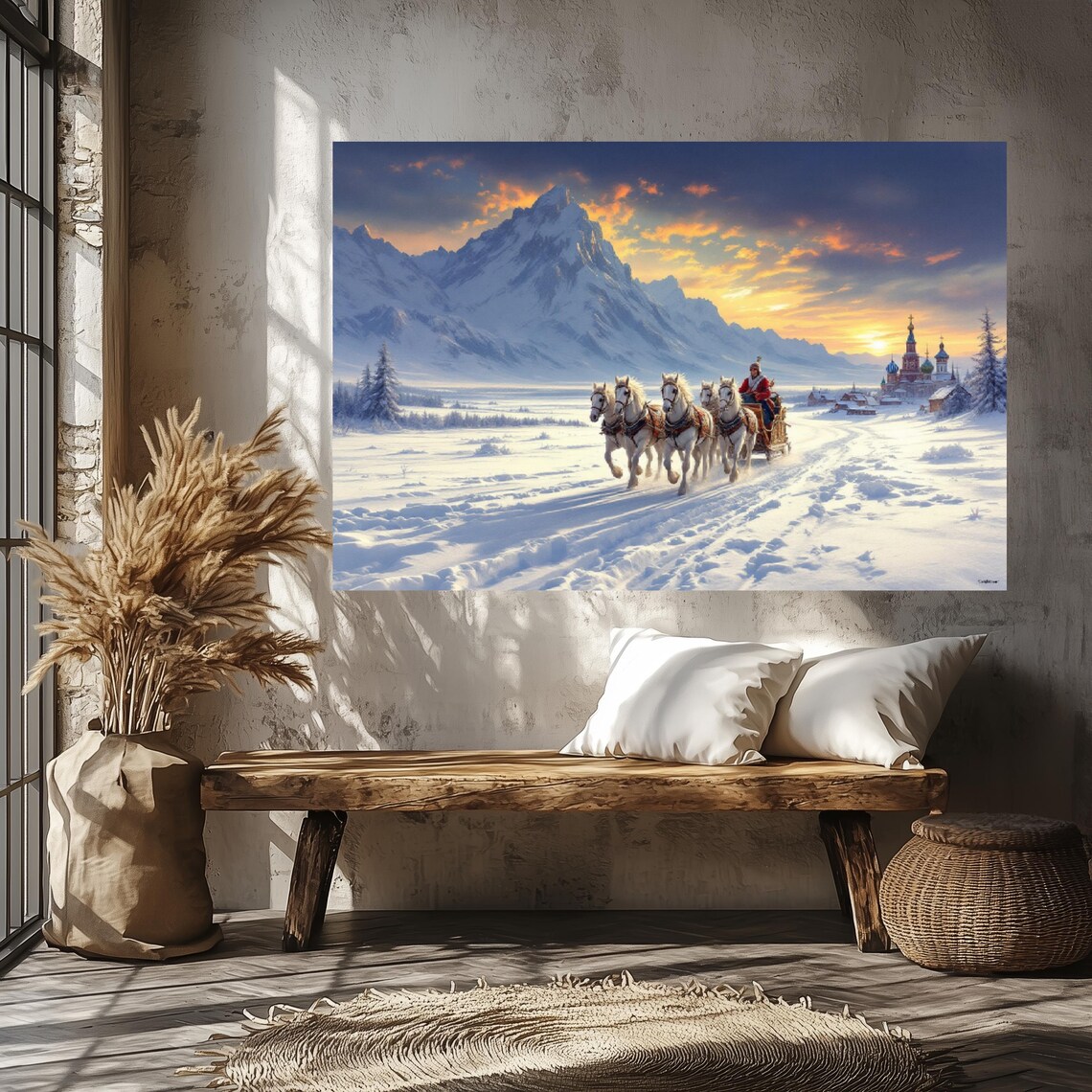 Winter Horse Sleigh Ride, Seasonal Art Print