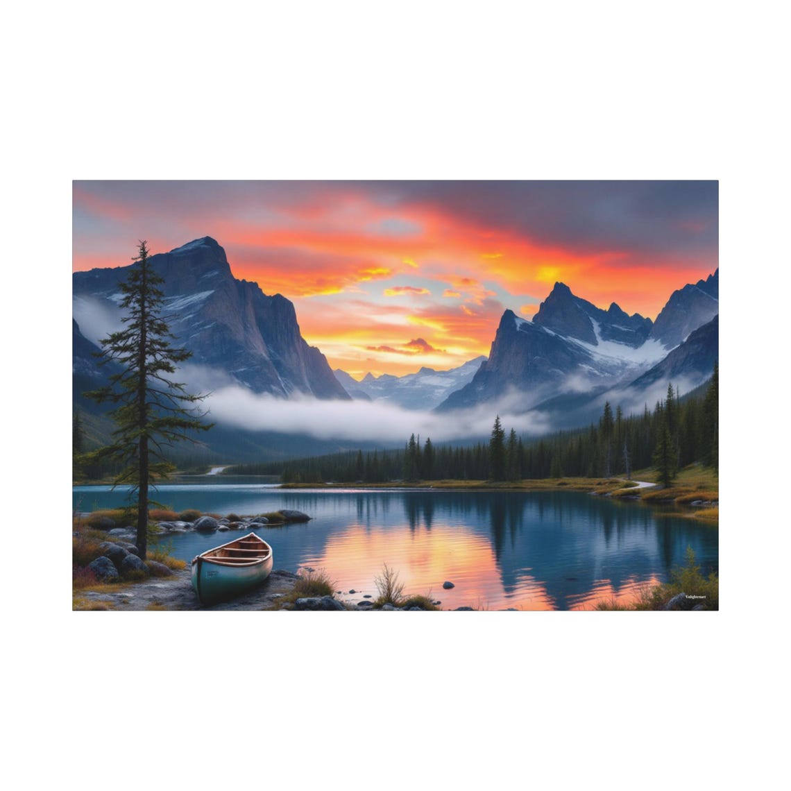 Alpine Mountain Sunset Canoe Lake Fiery Sky Reflection Travel Poster - Image 3