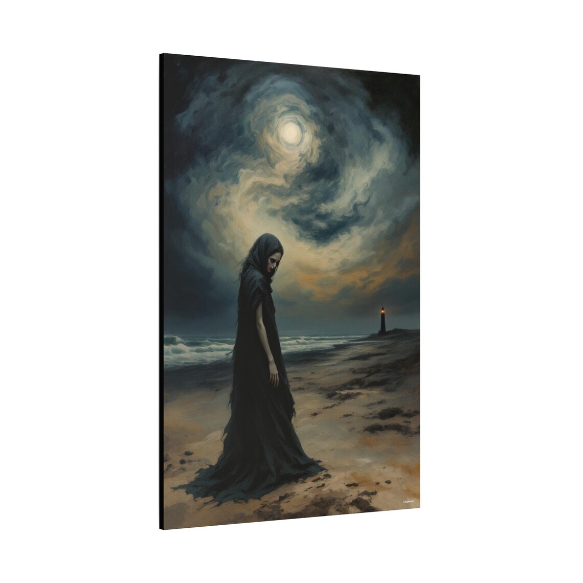 Hooded Figure On A Stormy Moonlit Beach With A Distant Lighthouse Poster - Image 2