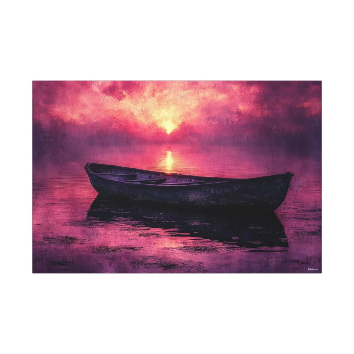 Wooden Rowboat Magenta Dawn Lake Still Water Reflection Art Poster - Image 2