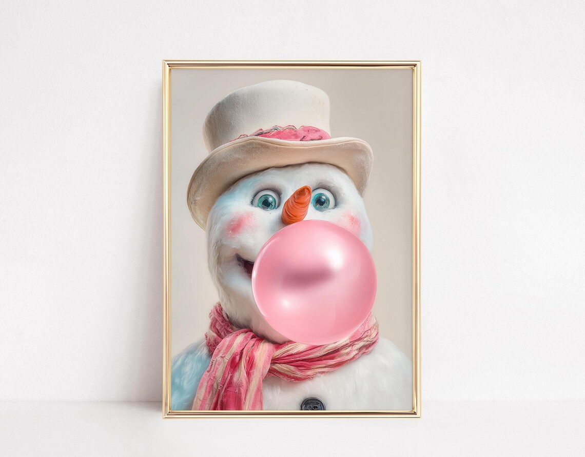 Snowman Blowing Bubblegum, Christmas Art Print