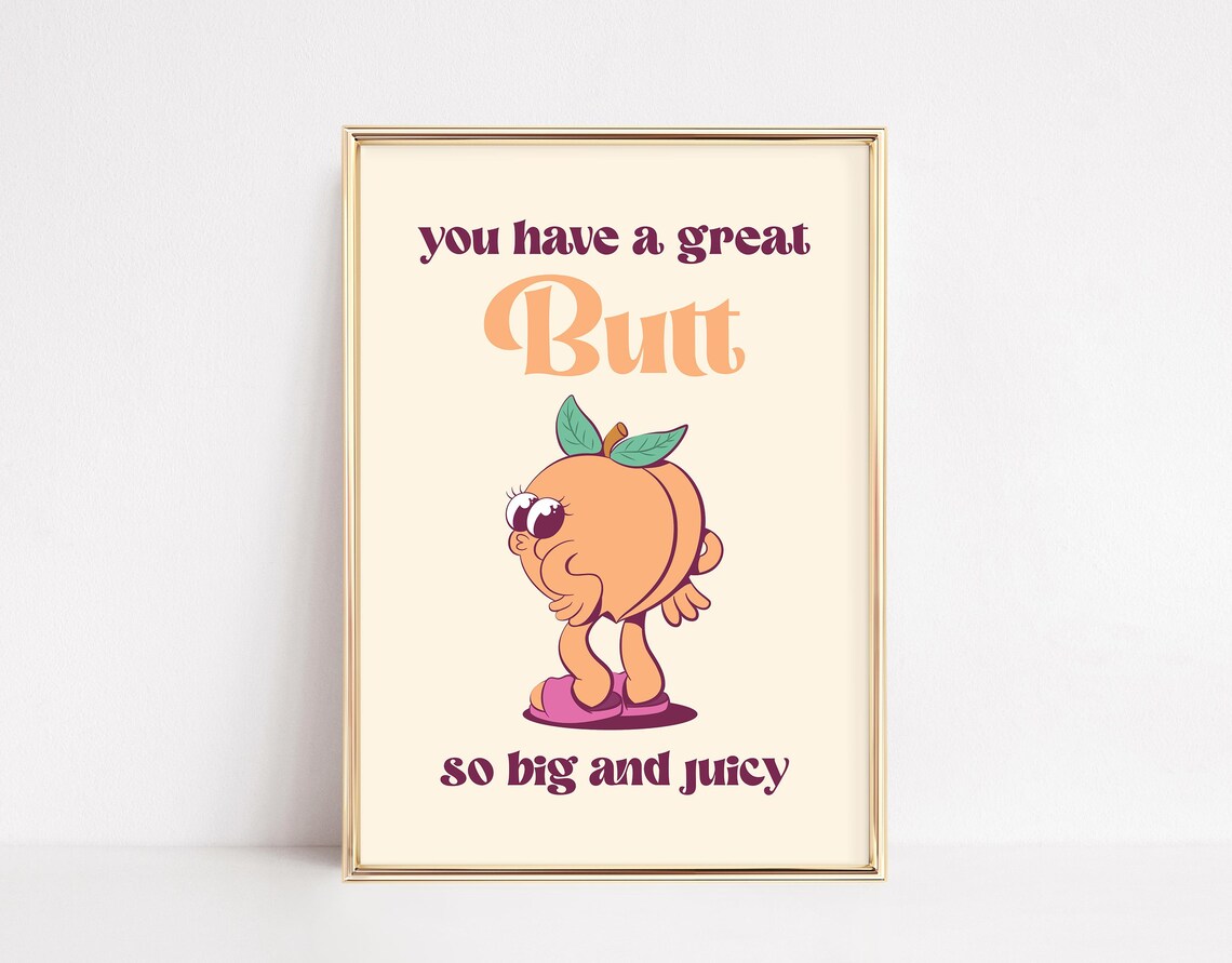 Funny Bathroom Art Print, Retro Peach Butt Decor