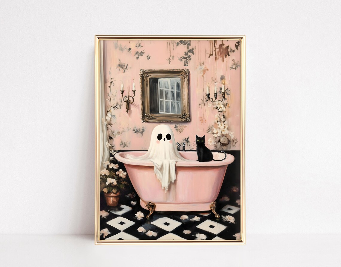 Halloween Ghost Cat Bathroom Art Print