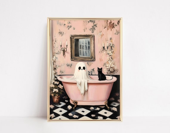 Halloween Ghost Cat Bathroom Art Print