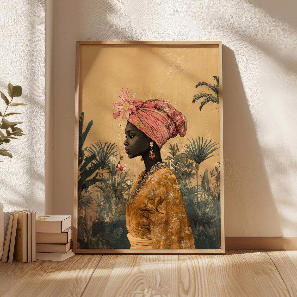 African Woman Floral Headwrap Tropical Palms Golden Portrait Art Poster