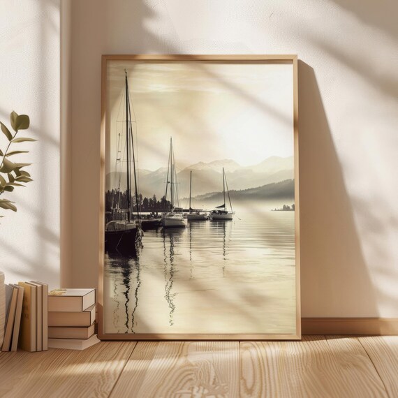 Vintage Sepia Sailboats Quiet Harbor Morning Boats Art Print