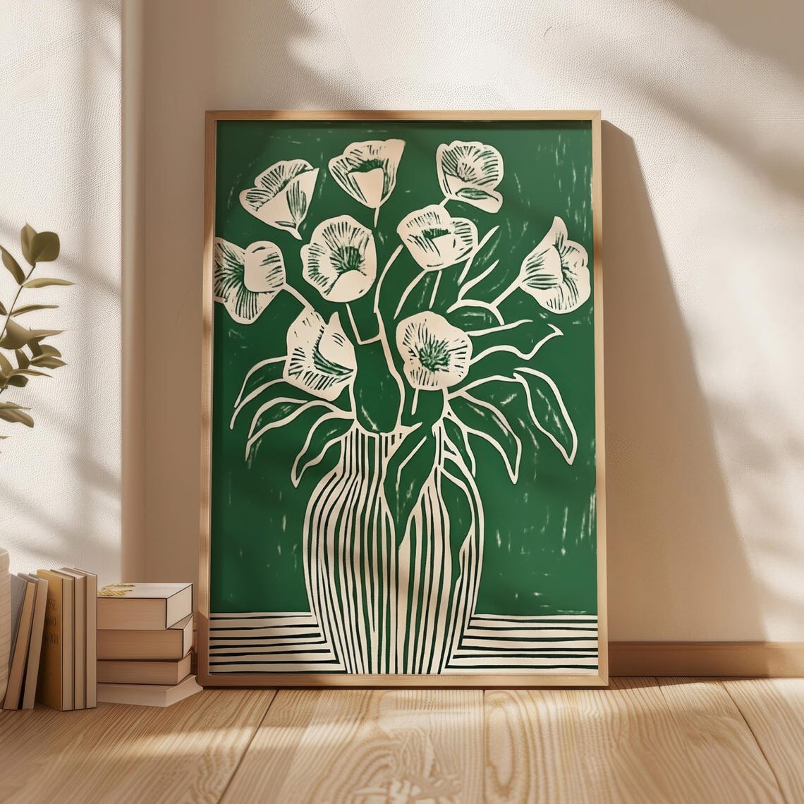 White Flower Vase Linocut Style On Emerald Green Botanical Poster