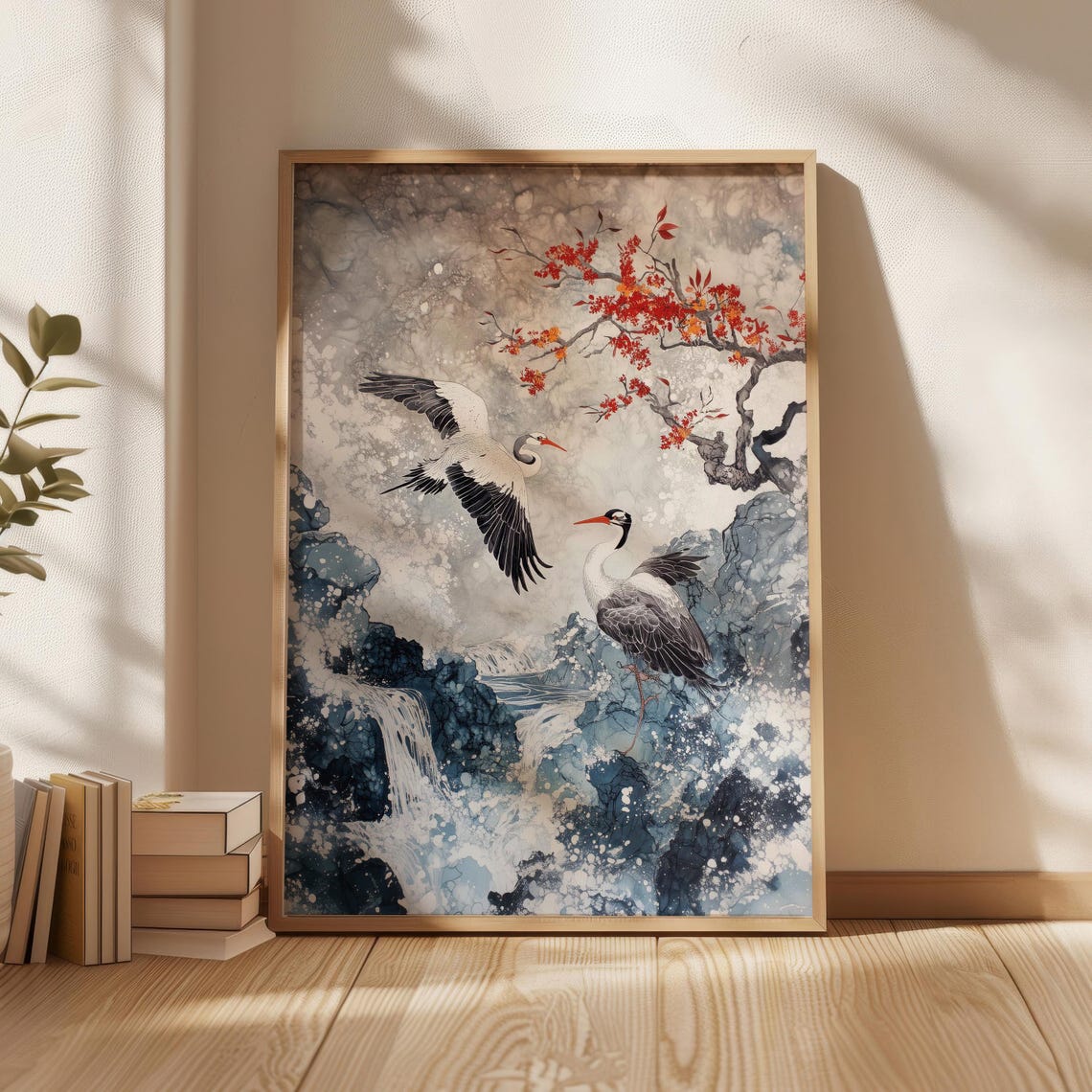 Japanese Cranes and Red Maple Blossom Ocean Waves Art Poster