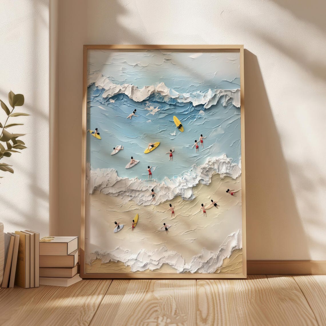 Surfers And Swimmers Aerial Beach Scene Textured Oil Art Poster