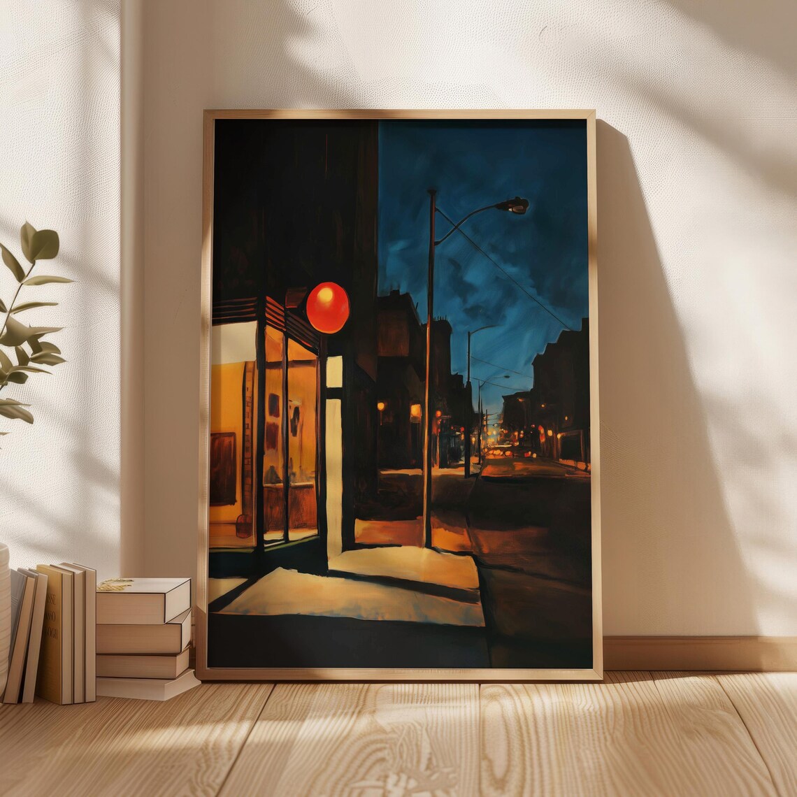 Night Street Cafe Glow Painting Edward Hopper Style City Art Poster
