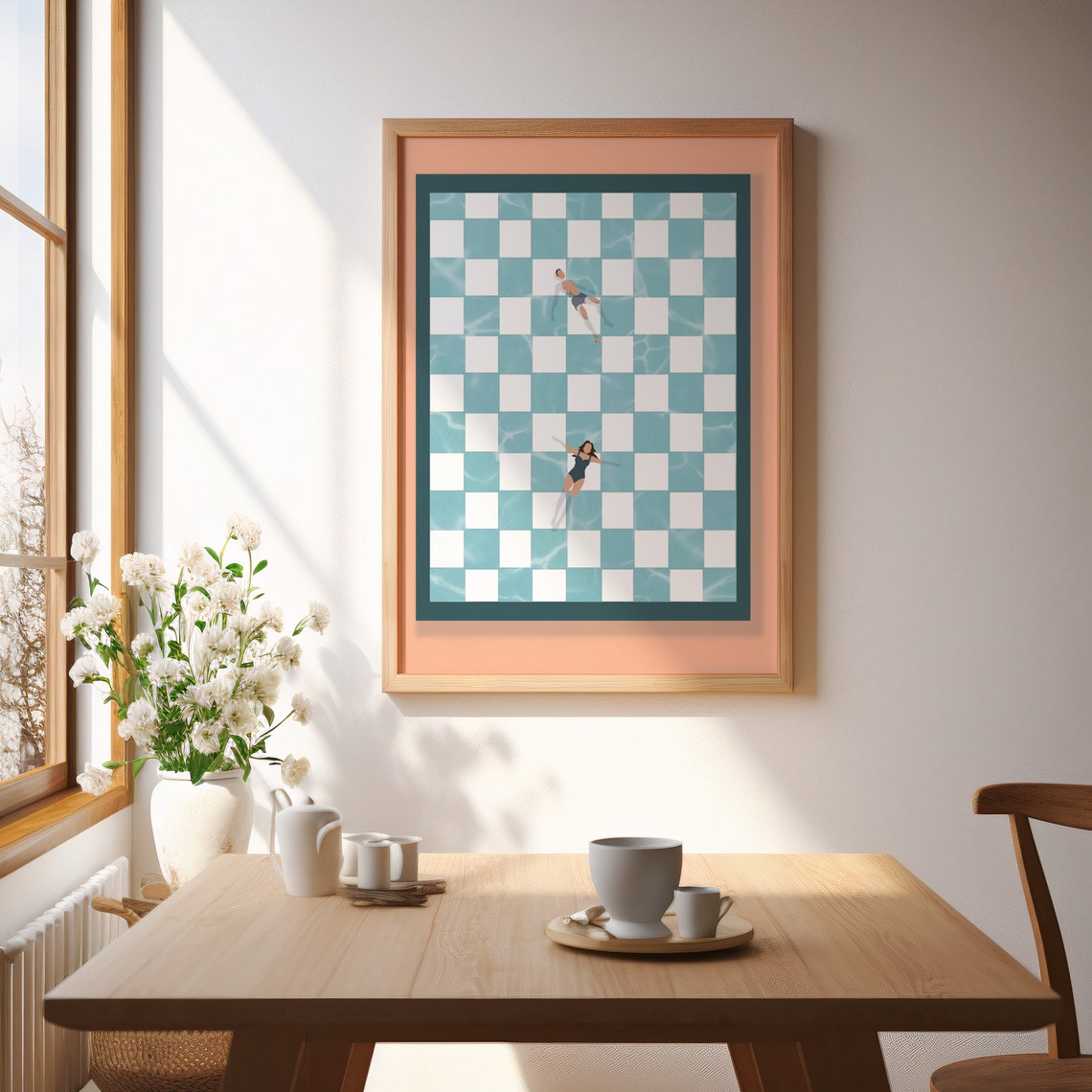 Retro Checkerboard Pool Party Two Swimmers Modern Summer Poster - Image 3