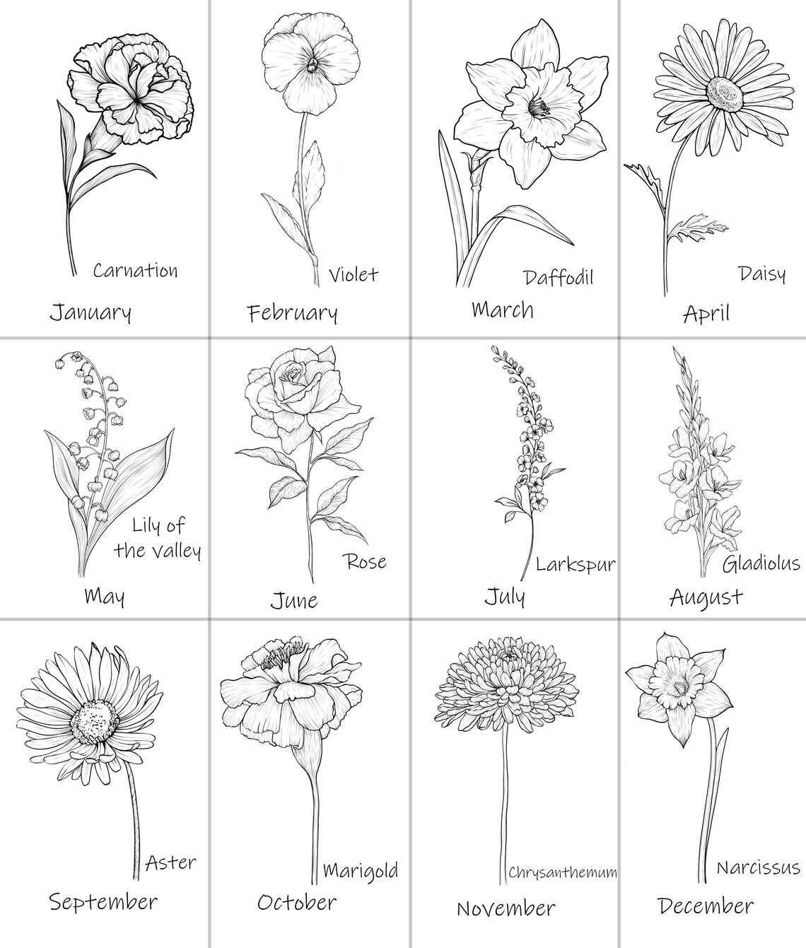 Custom Birth Flower Bouquet Tattoo Minimalist Art Print - Image 3