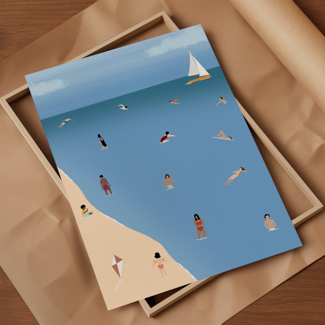 Tiny Swimmers Beach Day Minimalist Ocean Scene Sailboat Kite Poster - Image 3